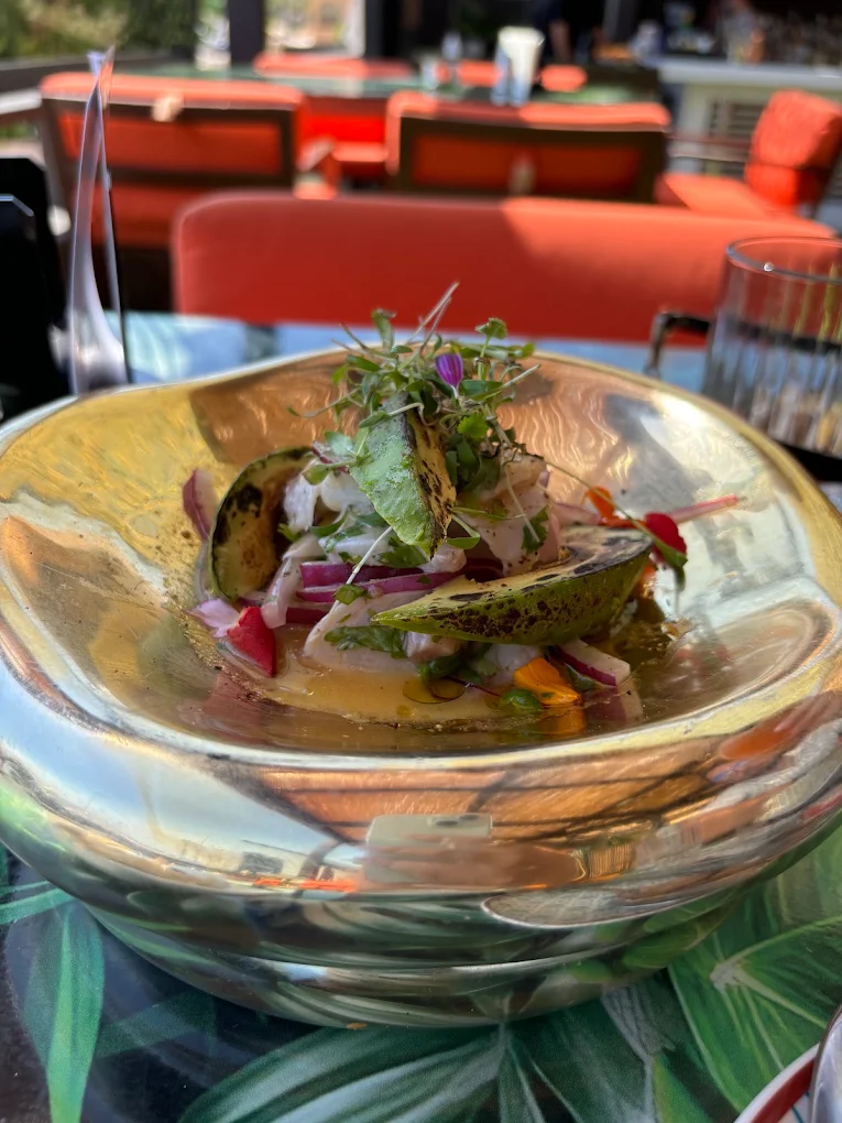Ceviche con aguacate a la brasa y brotes servido en cuenco dorado