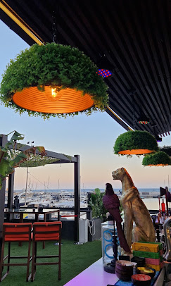 Terraza de Boa Vista al atardecer con vistas a Marina Greenwich y lámparas cubiertas de vegetación